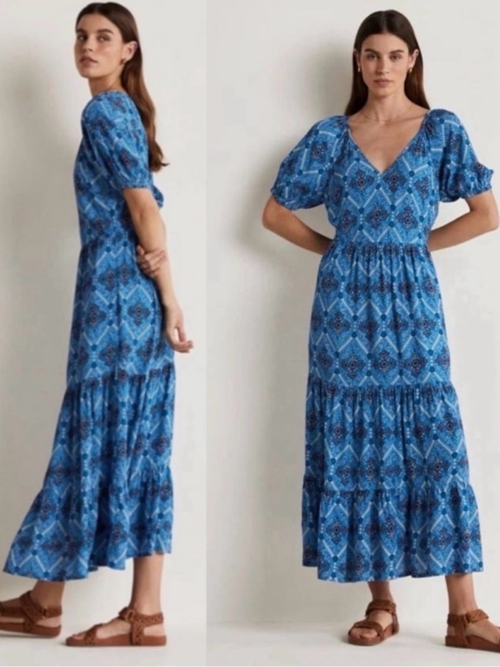 Boden V-Neck Midi Dress Mosaic Blue Poppy Bloom Tiered Puff Sleeve Sz 6 - Picture 6 of 11